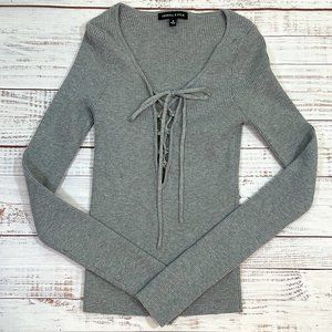 Women's Kendall & Kylie Lace Up Ribbed Long Sleeve Sweater